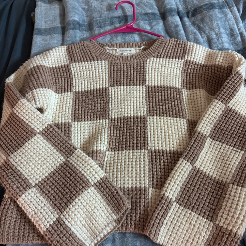 Francesca's Collections Brown and Cream Checkered Sweater